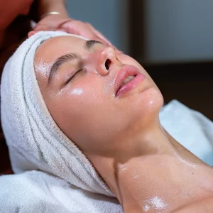 Close-up of a woman with glistening, moisturized skin lying down during a facial treatment, wrapped in a white towel with eyes closed and head slightly tilted back, evoking a sense of relaxation and skincare rejuvenation.
