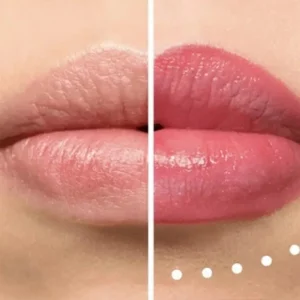 Close-up image showing a side-by-side comparison of lips before and after a cosmetic enhancement. The left side shows natural, lighter-toned lips, while the right side displays fuller, more defined, and enhanced pink lips, with white dots highlighting the contour.