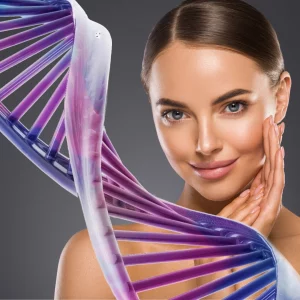 Portrait of a smiling woman with flawless skin touching her face, with a stylized 3D DNA double helix in purple and blue hues in the foreground, symbolizing beauty, genetics, or advanced skincare science.