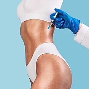 A woman in white undergarments receiving a cosmetic injection in the waist area from a medical professional wearing blue gloves, against a light blue background.