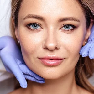 Confident woman with clear skin looking at the camera while a medical professional wearing purple gloves gently touches her jawline during a skincare consultation or aesthetic evaluation.