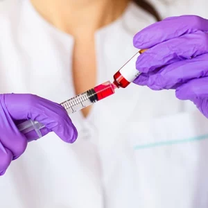 Healthcare professional wearing purple gloves drawing red liquid from a vial into a syringe, with a white medical coat visible in the background.