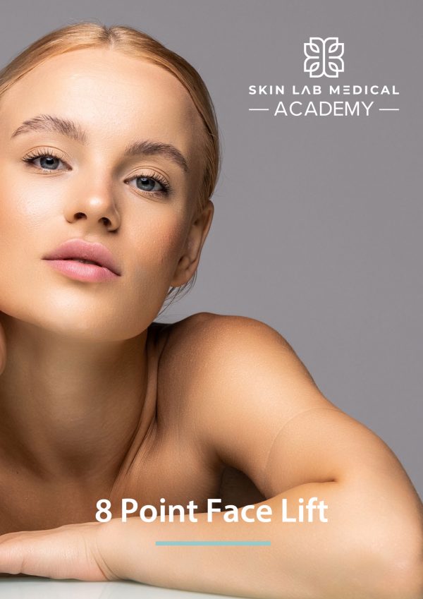 Close-up image of a woman with smooth, youthful skin resting her face on her arm, promoting the 8 Point Face Lift training by Skin Lab Medical Academy.
