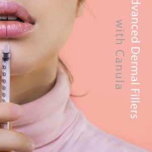 Close-up of a woman’s lower face as she prepares to receive an advanced dermal filler injection in her lips using a syringe.