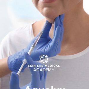 A person is receiving an Aqualyx injection in the chin area, administered by a professional wearing blue medical gloves. The procedure is aimed at dissolving localized fat.
