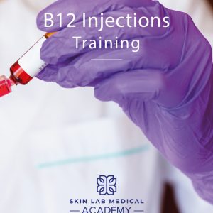 A gloved hand in a purple medical glove is holding a syringe drawing red liquid from a vial, symbolizing a B12 injection. The person is wearing a white lab coat.