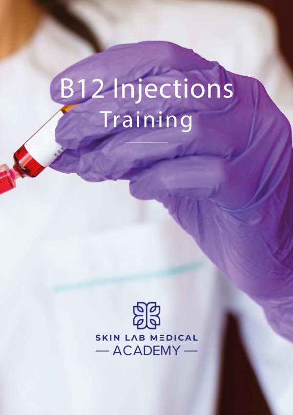 A gloved hand in a purple medical glove is holding a syringe drawing red liquid from a vial, symbolizing a B12 injection. The person is wearing a white lab coat.