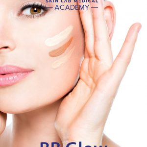 Close-up image of a woman's face with four different shades of BB cream swatched on her cheek. She is gently touching her face with both hands, showcasing smooth, glowing skin.