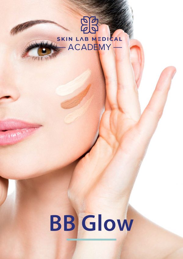 Close-up image of a woman's face with four different shades of BB cream swatched on her cheek. She is gently touching her face with both hands, showcasing smooth, glowing skin.