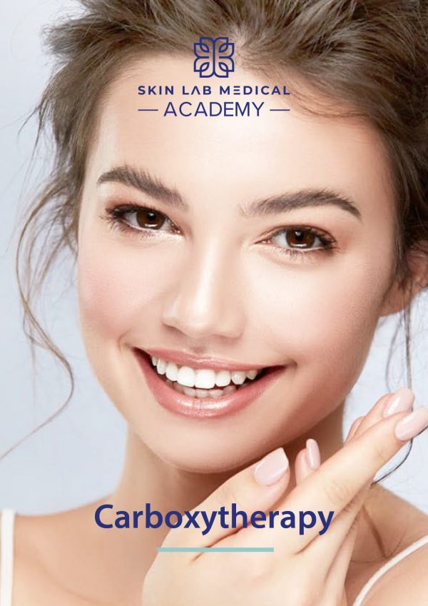 A smiling woman with flawless skin and glossy lips poses in a beauty treatment setting. She gently touches her face with manicured hands.