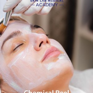 A client lies relaxed with eyes closed while a skincare professional, wearing white gloves, applies a white chemical peel solution to the face using a flat brush. The treatment is taking place in a clinical or spa setting.