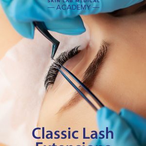 Close-up of a beauty technician applying classic eyelash extensions with tweezers to a client's upper lashes. The client has an eye pad beneath the eye for protection.