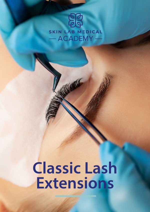 Close-up of a beauty technician applying classic eyelash extensions with tweezers to a client's upper lashes. The client has an eye pad beneath the eye for protection.