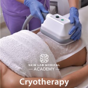Person undergoing cryotherapy body contouring treatment at a clinic. A technician wearing blue gloves applies a cooling device to the patient's abdomen, which is partially covered with a towel.