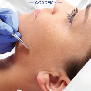 Close-up of a woman receiving a dermaplaning treatment. A professional wearing blue gloves gently uses a scalpel to exfoliate the skin on the client’s cheek.