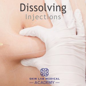 Close-up of a person's abdomen with white surgical markings, as a practitioner wearing white gloves prepares to administer a Deso fat dissolving injection.