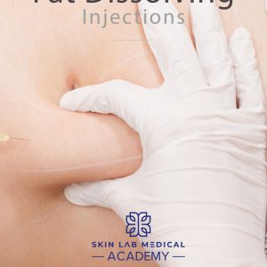Close-up of a person's abdomen being prepared for fat dissolving injections. A medical professional wearing white gloves is pinching the skin, with injection grid lines marked on the area.