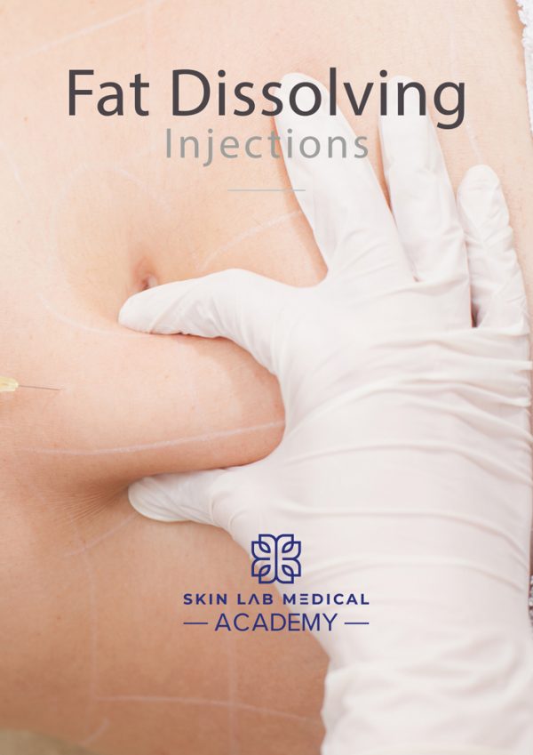 Close-up of a person's abdomen being prepared for fat dissolving injections. A medical professional wearing white gloves is pinching the skin, with injection grid lines marked on the area.