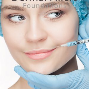 Close-up of a woman receiving a dermal filler injection in her lips, with a practitioner wearing blue gloves gently holding her chin. The woman is wearing a blue surgical cap and looking sideways with a slight smile.