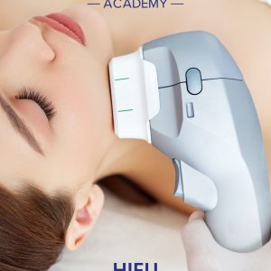 Close-up of a woman undergoing a HIFU (High-Intensity Focused Ultrasound) facial treatment, with a practitioner holding a grey and white HIFU device to her jawline. The procedure is being conducted at Skin Lab Medical Academy.