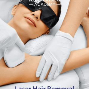 Smiling woman wearing protective goggles receives underarm laser hair removal treatment at Skin Lab Medical Academy, performed by a technician wearing white gloves and using a handheld device.