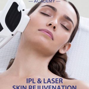 Close-up of a woman receiving IPL and laser skin rejuvenation treatment at Skin Lab Medical Academy, lying relaxed with eyes closed as a technician applies the handheld device to her face.