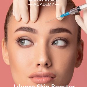 Practitioner preparing to inject Jalupro Skin Booster into a woman's forehead at Skin Lab Medical Academy.
