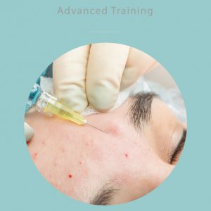 Close-up image of a person receiving an anti-wrinkle injection in the forehead. A gloved hand holds a syringe with a yellow needle, injecting into the skin.