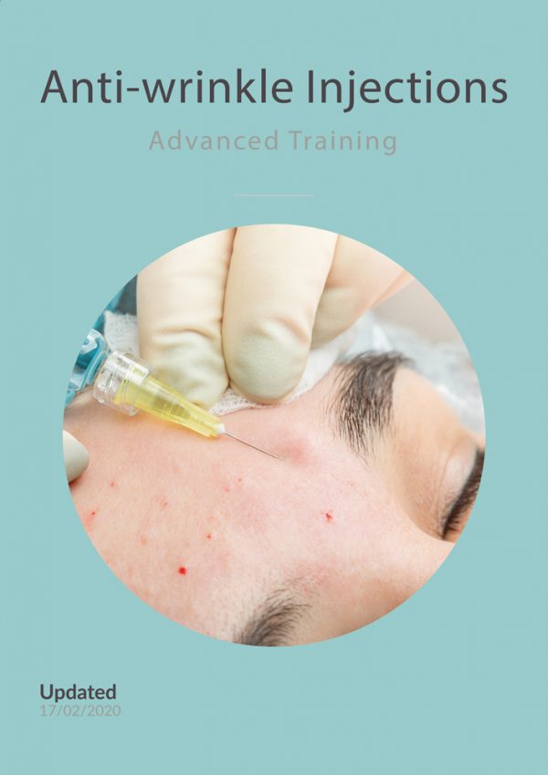Close-up image of a person receiving an anti-wrinkle injection in the forehead. A gloved hand holds a syringe with a yellow needle, injecting into the skin.