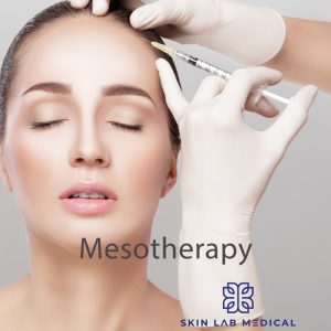 Practitioner administering mesotherapy injection into a woman's forehead at Skin Lab Medical Academy.