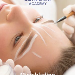 Technician outlining brow shape with white marker during a microblading procedure at Skin Lab Medical Academy.