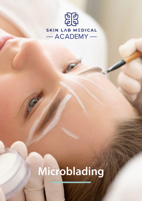 Technician outlining brow shape with white marker during a microblading procedure at Skin Lab Medical Academy.