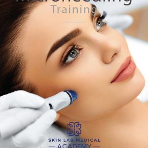 Professional performing microneedling treatment on a woman's cheek during training at Skin Lab Medical Academy.