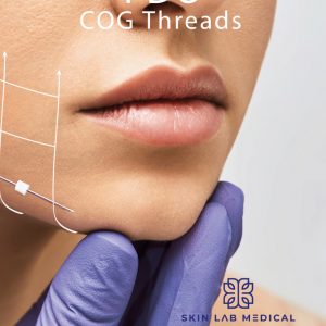 Close-up of PDO COG thread treatment on a woman's jawline, guided by gloved hands, at Skin Lab Medical Academy.