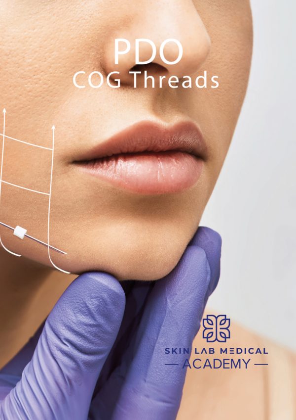 Close-up of PDO COG thread treatment on a woman's jawline, guided by gloved hands, at Skin Lab Medical Academy.