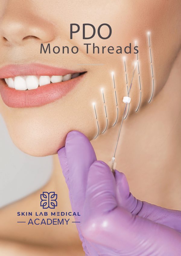 Smiling woman receiving PDO mono thread treatment in the lower cheek area at Skin Lab Medical Academy.