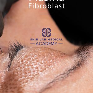 Close-up of Plasma Fibroblast skin tightening procedure on eyelid area at Skin Lab Medical Academy.