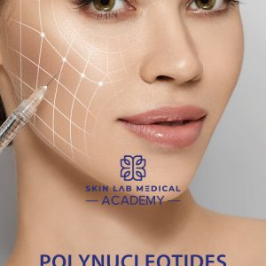 Smiling woman with glowing skin receiving polynucleotide injection in the cheek, shown with digital skin-lifting grid, at Skin Lab Medical Academy.