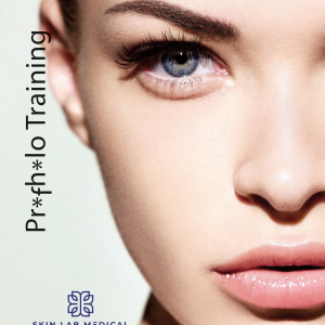 Close-up of a woman's face with flawless skin and blue eyes, promoting Profhilo training at Skin Lab Medical Academy.