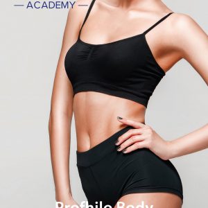 Close-up of a woman in black athletic wear showing toned body, promoting Profhilo Body treatment by Skin Lab Medical Academy.