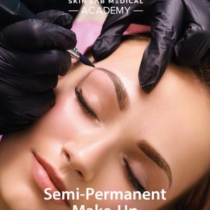 Technician applying semi-permanent makeup to a woman's eyebrows during training at Skin Lab Medical Academy.