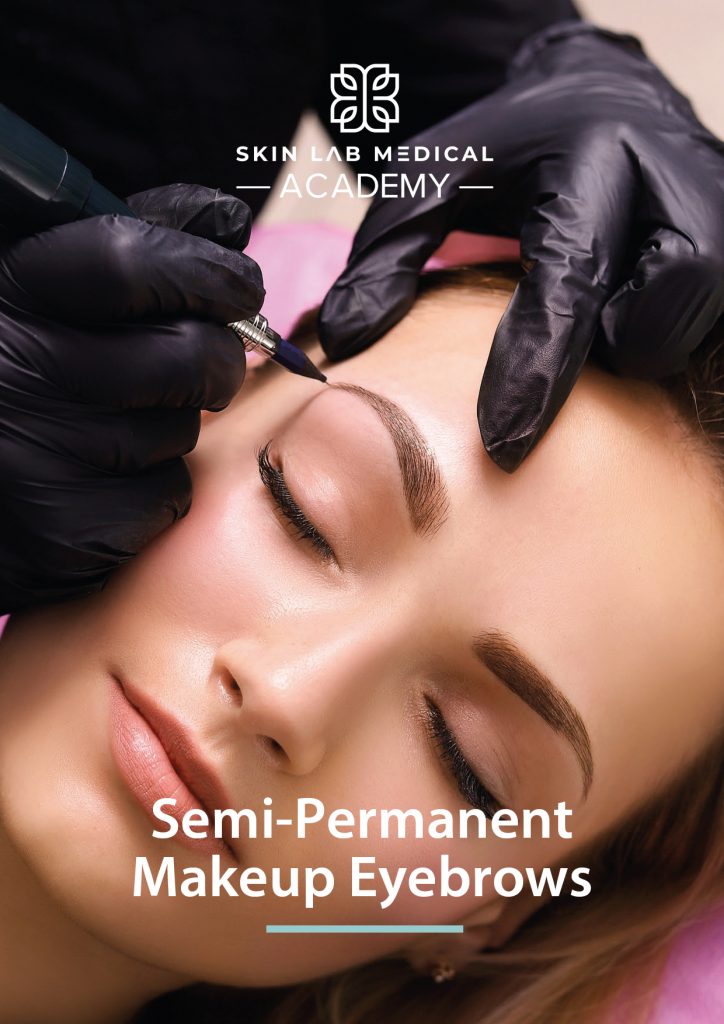 Cosmetologist performing semi-permanent eyebrow makeup on a woman at Skin Lab Medical Academy.