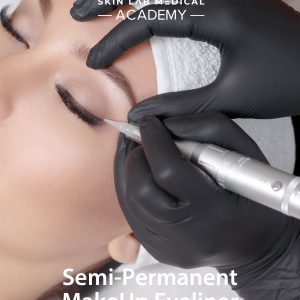 Technician applying semi-permanent eyeliner with a precision tool on a woman at Skin Lab Medical Academy.