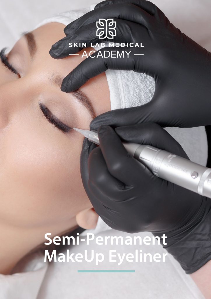 Technician applying semi-permanent eyeliner with a precision tool on a woman at Skin Lab Medical Academy.