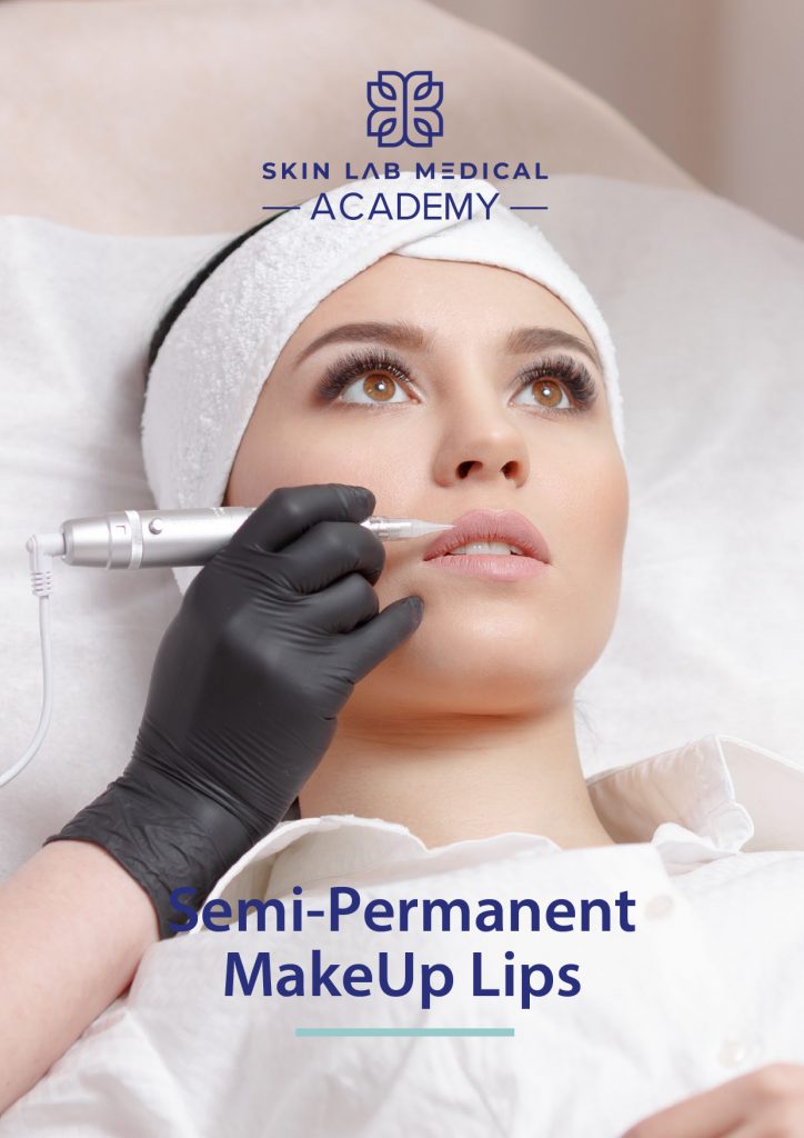 Technician performing semi-permanent lip makeup procedure on a woman at Skin Lab Medical Academy.