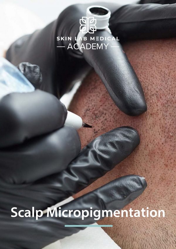Technician performing scalp micropigmentation on a client using a precision tool at Skin Lab Medical Academy.