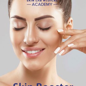 Smiling woman with radiant skin gently touching her face, promoting Skin Booster treatment at Skin Lab Medical Academy.