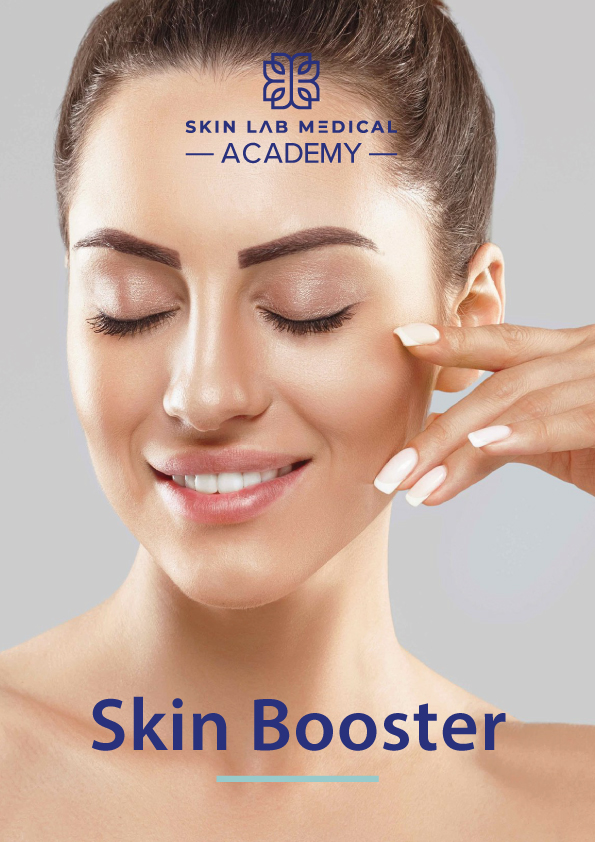 Smiling woman with radiant skin gently touching her face, promoting Skin Booster treatment at Skin Lab Medical Academy.