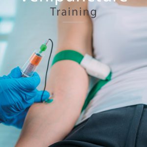 Gloved professional performing venipuncture on a patient's arm during training at Skin Lab Medical Academy.