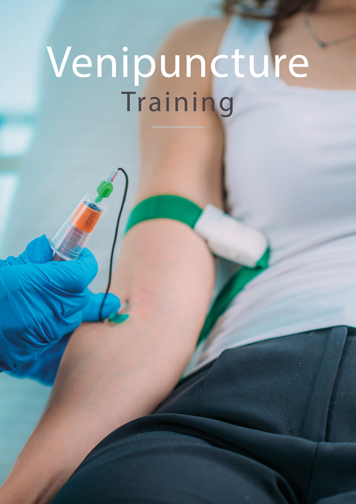 Gloved professional performing venipuncture on a patient's arm during training at Skin Lab Medical Academy.